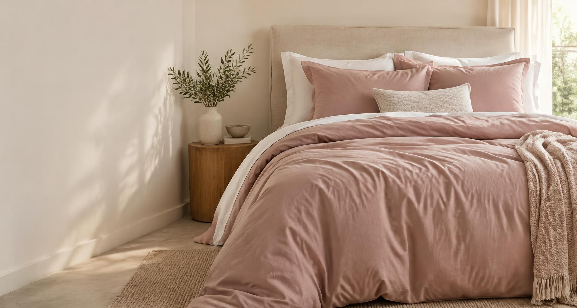 Cama com lençóis e edredom rosé em um quarto acolhedor
